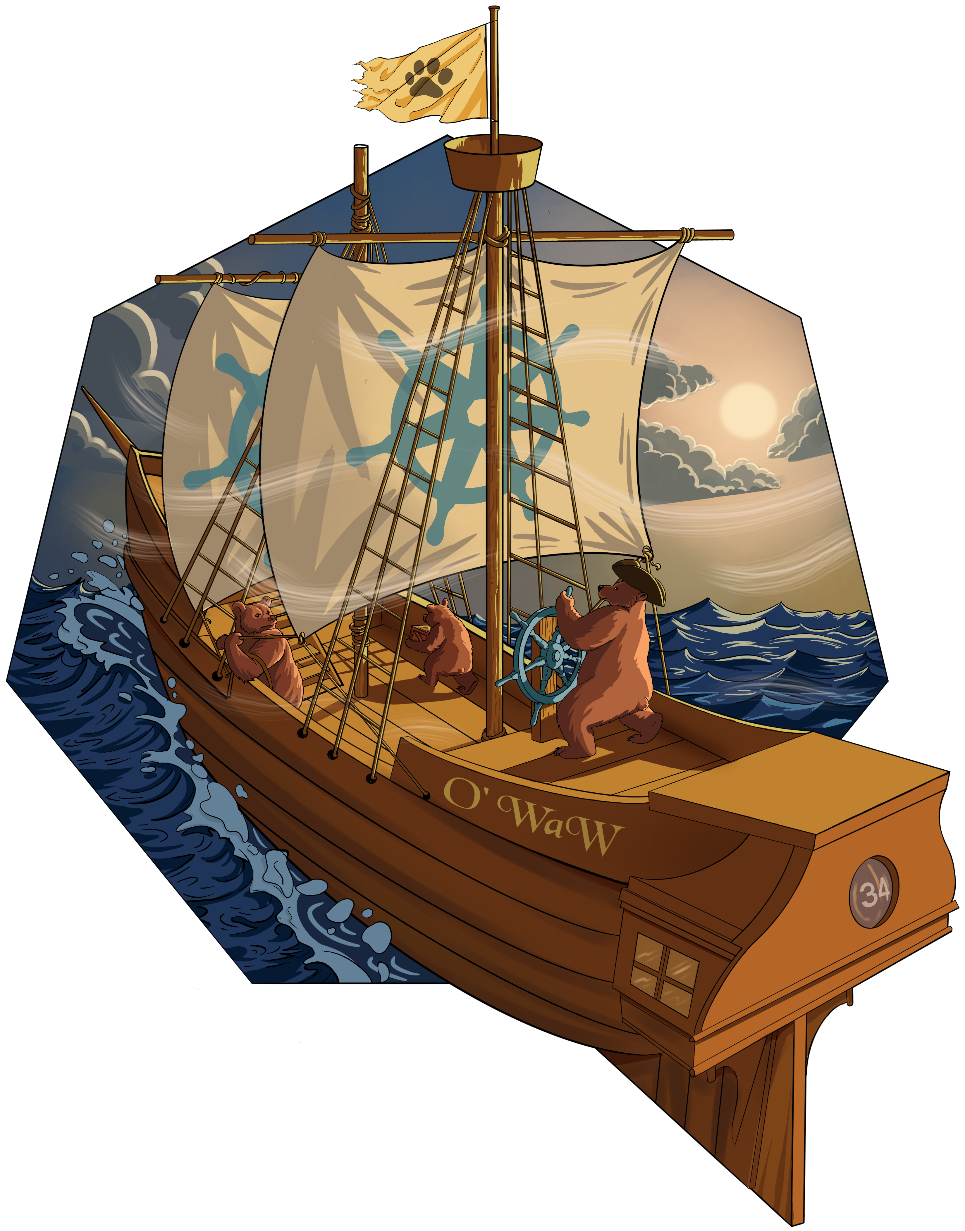 Логотип Kubernetes v1.34: Три ведмеді пливуть на дерев'яному кораблі з прапором, на якому зображені лапа і штурвал, а вітер дме над океаном.