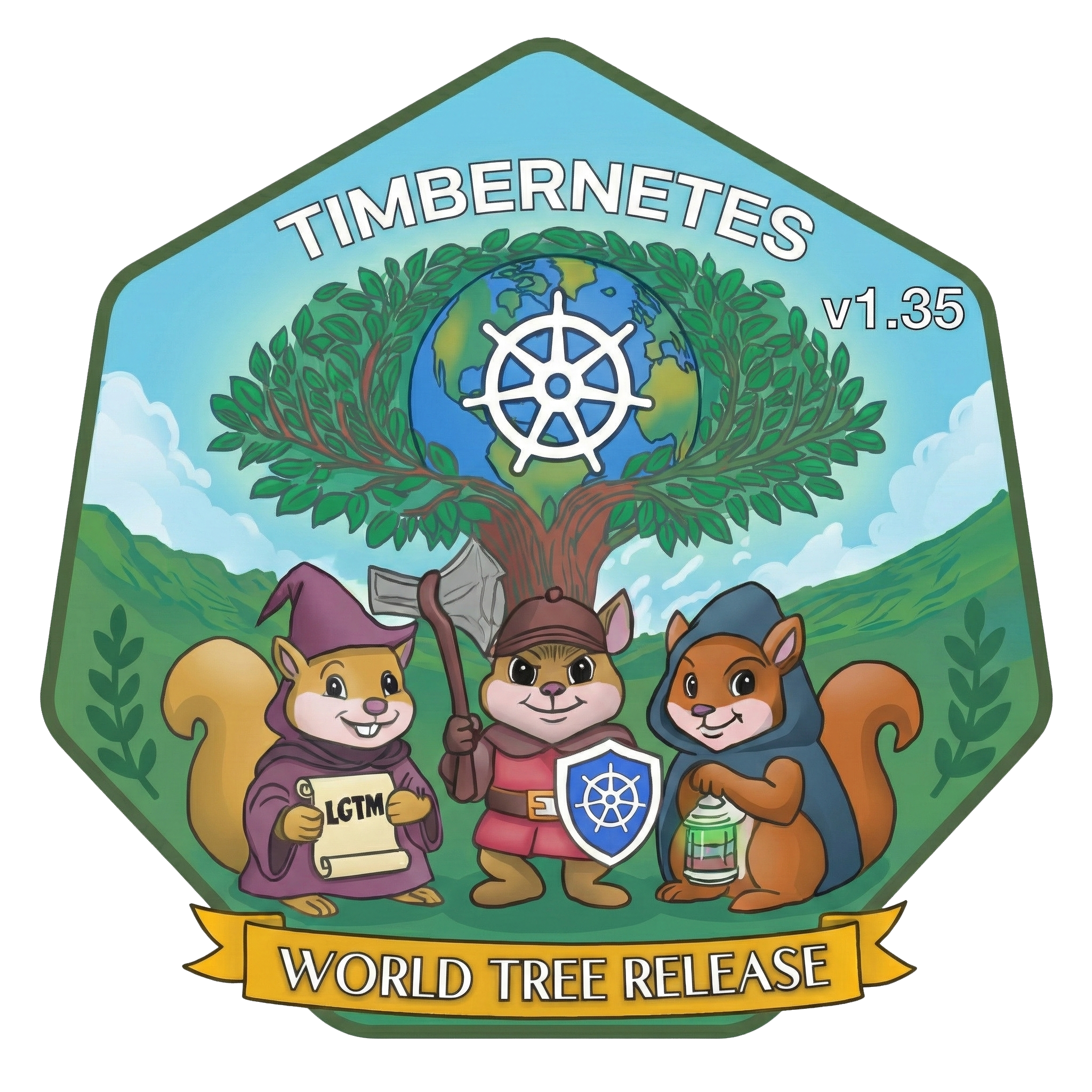 Kubernetes v1.35 Логотип Timbernetes: шестикутний значок у вигляді ілюстрованої книги з сяючим світовим деревом, гілки якого обіймають Землю, та білим колесом Kubernetes; три веселі білки стоять нижче,  чарівник у сливовій мантії, що тримає сувій LGTM, воїн із сокирою та синім щитом Kubernetes і розбійник із ліхтарем у темно-синьому плащі, на зеленій траві над золотою стрічкою з написом World Tree Release, на тлі пагорбів та неба, вкритого хмарами.